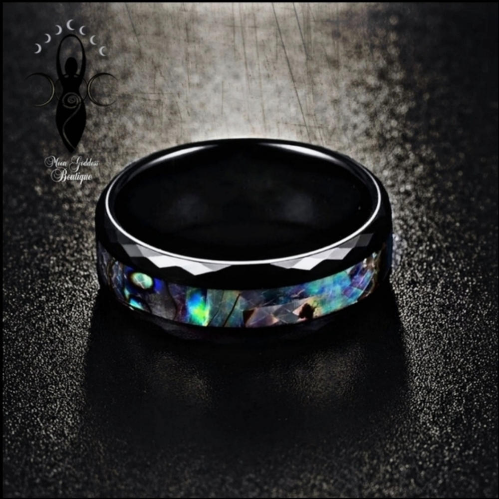 UNISEX RING | Stainless Steel Abalone Shell Channing Through Center Black Ring - Picture 2 of 10